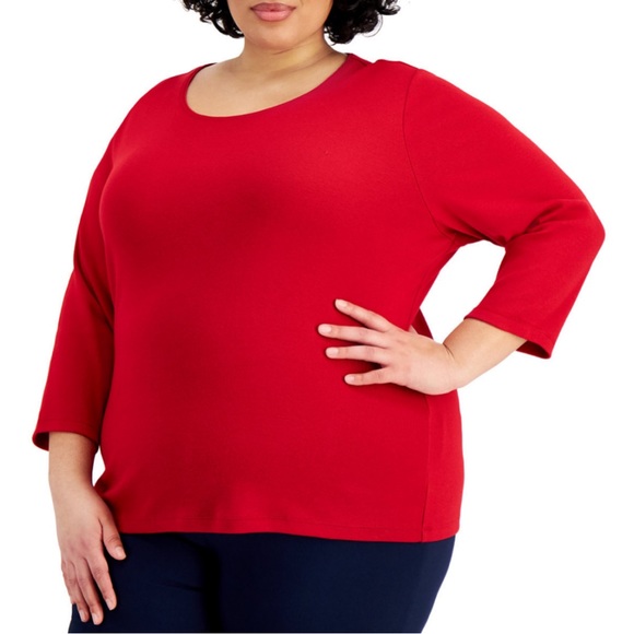 Karen Scott Tops - Red Cotton Scoopneck 3/4 Sleeve Top Plus Size 1X
